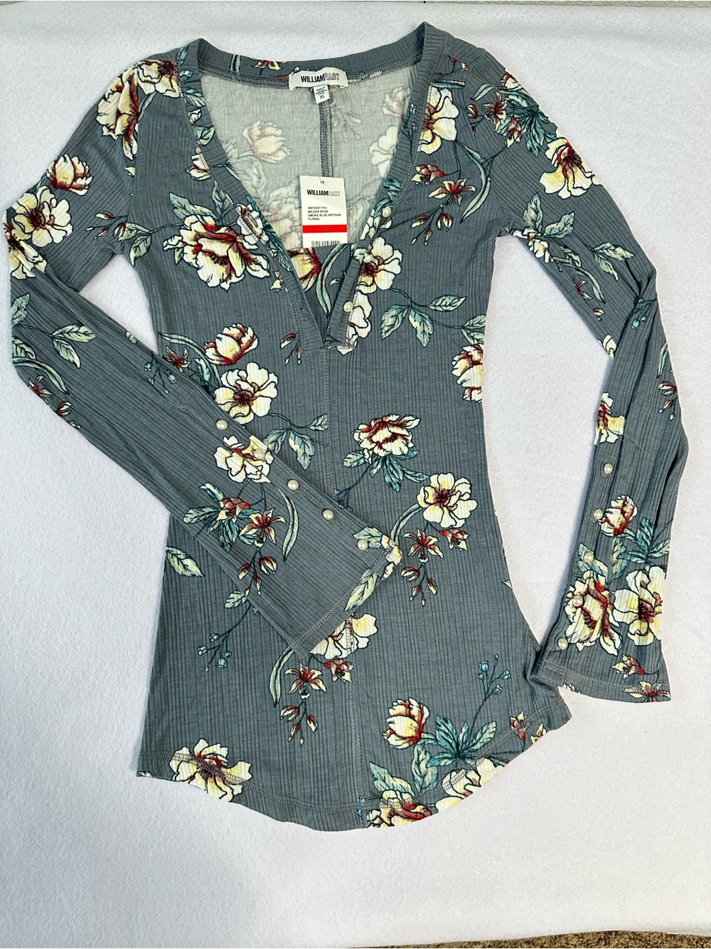 William Rast Smoke Blue Ribbed Henley Floral Thermal Bell Sleeve Top XS Boho Y2K
